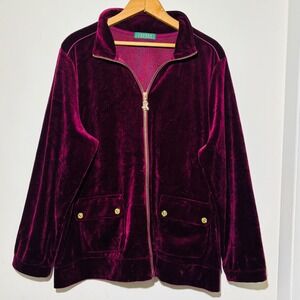 Lauren Ralph Lauren Burgundy Velour Track Jacket Gold Logo‎ Zipper Pockets Sz M